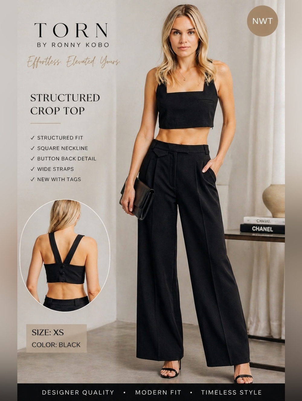 Torn by Ronny Kobo Black Structured Crop Top XS NWT Square Neck Designer